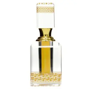 Elegant glass perfume bottle with gold accents and a clear stopper.