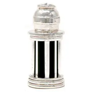 A shiny silver vintage pepper grinder with a clear top.