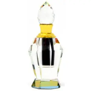 Elegant clear glass perfume bottle with a yellow accent.
