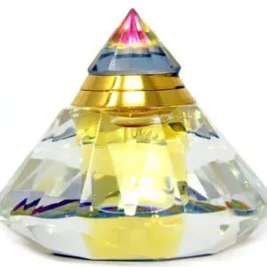 A colorful, pyramid-shaped crystal with a reflective base.