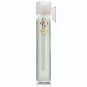 Clear glass perfume bottle with gold and white label design.
