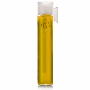 A tall, yellow glass bottle with a white cap and spout.