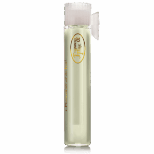 A tall, clear glass vial with a white cap and a small white label.
