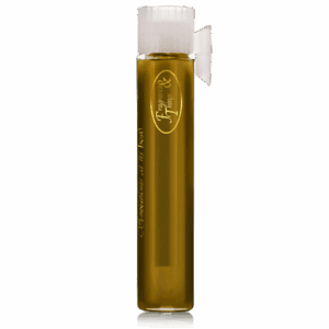 A small amber glass vial with a white cap and a side clip.
