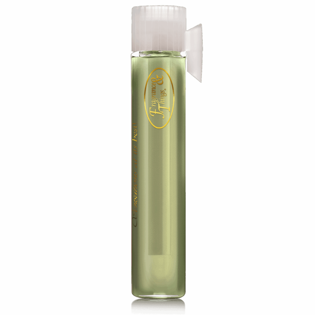 A tall, green glass vial with a white cap and gold emblem.