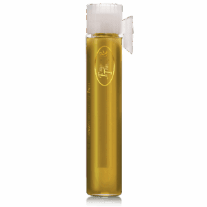 A clear vial filled with yellow liquid and a white cap.