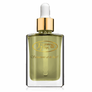Elegant glass dropper bottle with green serum and gold accents.