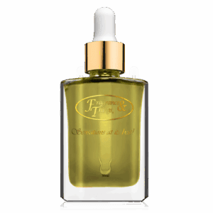 Elegant glass dropper bottle with golden cap and greenish liquid.