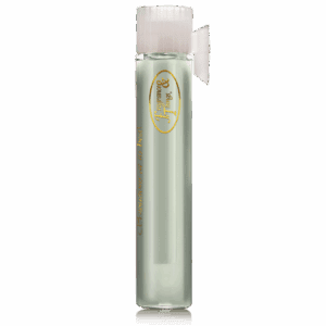 A tall, slim glass bottle with a light green liquid and white cap.