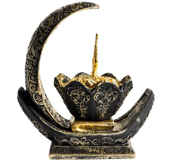 Decorative crescent moon and lotus incense holder with gold accents Resin Mabkhara Burner.